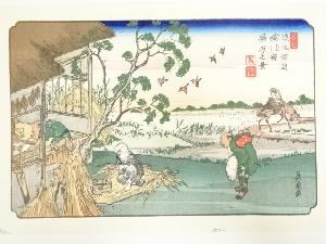 歌川広重・渓斎英泉　木曽街道六十九次　桶川宿　曠原之景　手摺浮世絵木版画